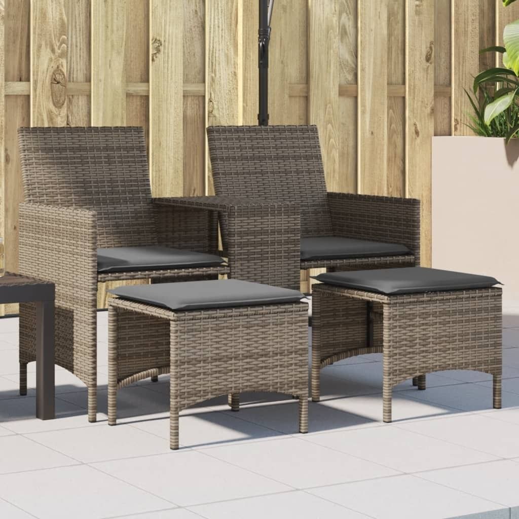 ZMH Gartensofa 2-Sitzer mit Tisch und Hockern Grau Poly Rattan