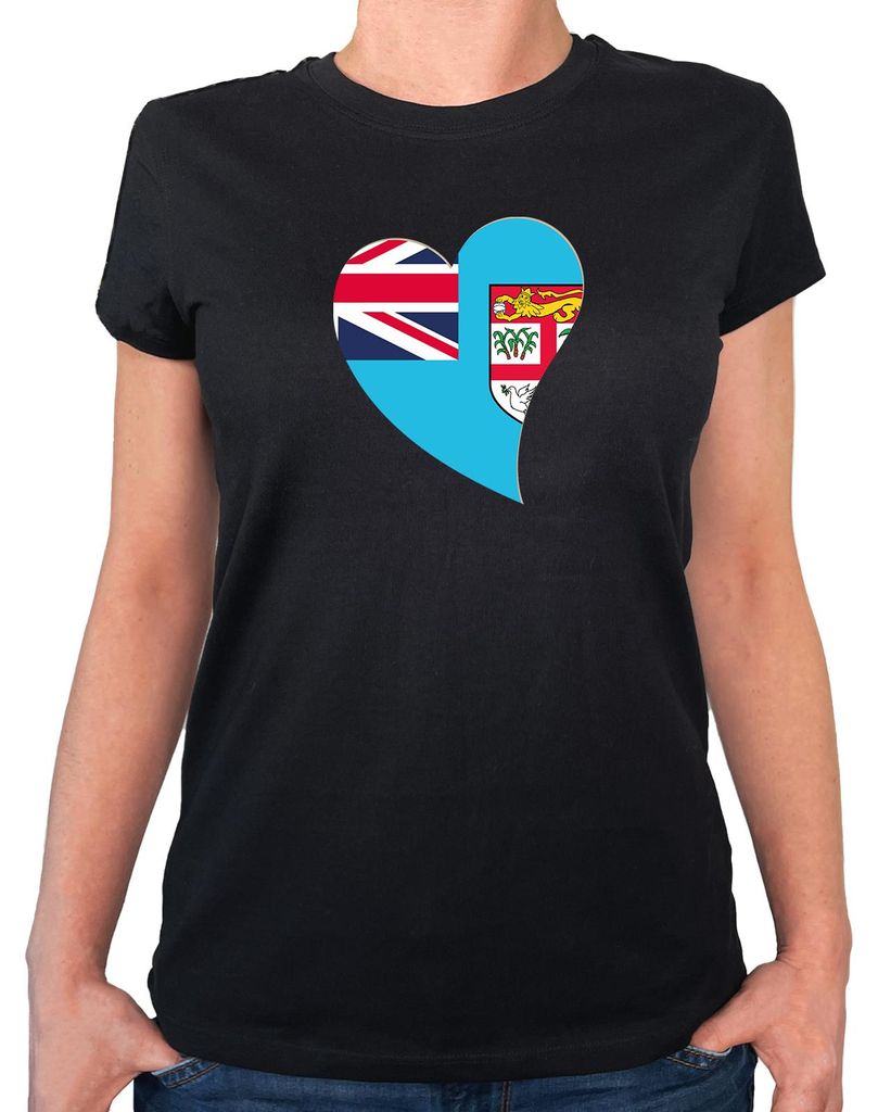 Huuraa Damen T-Shirt Fidschi Flagge Herz L Black Bio Baumwolle Fairtrade Damenshirt Geschenkidee