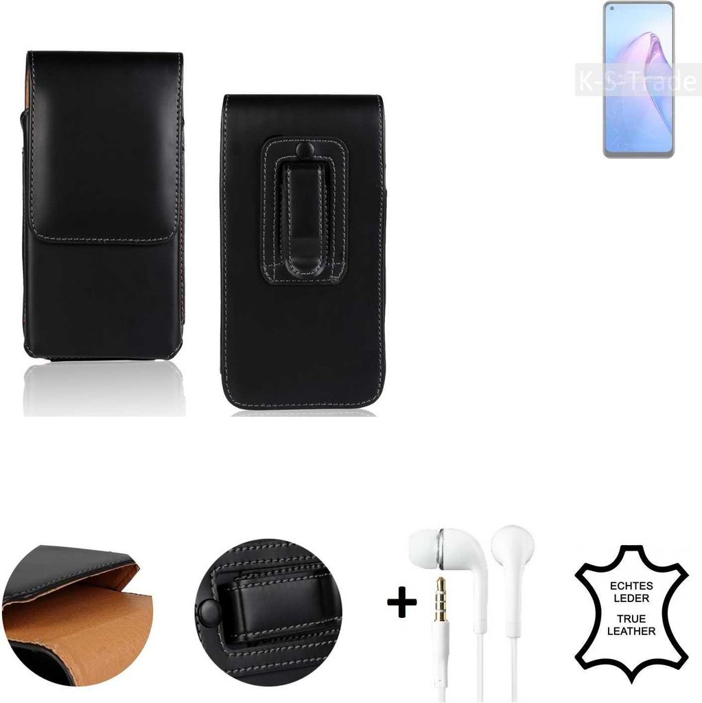 K-S-Trade Leder Gürteltasche + Kopfhörer kompatibel mit Oppo Reno8 4G Seitentasche Belt pouch Holster Handyhülle Schutz Hülle Etui schwarz 1x