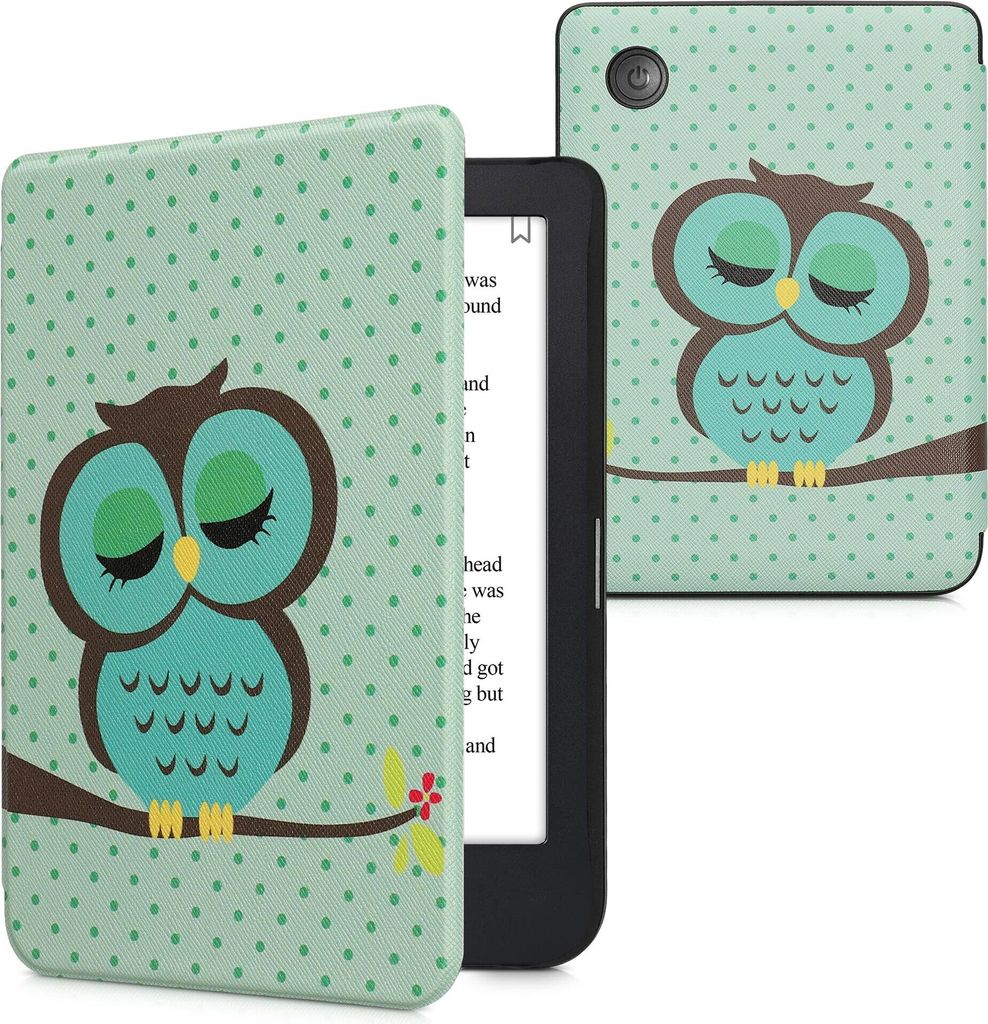 kwmobile Schutzhülle für Kobo Clara 2E / Tolino Shine 4 Hülle - eReader Flip Case mit Auto Sleep Funktion - Eule Schlaf mit Türkis Braun Mintgrün