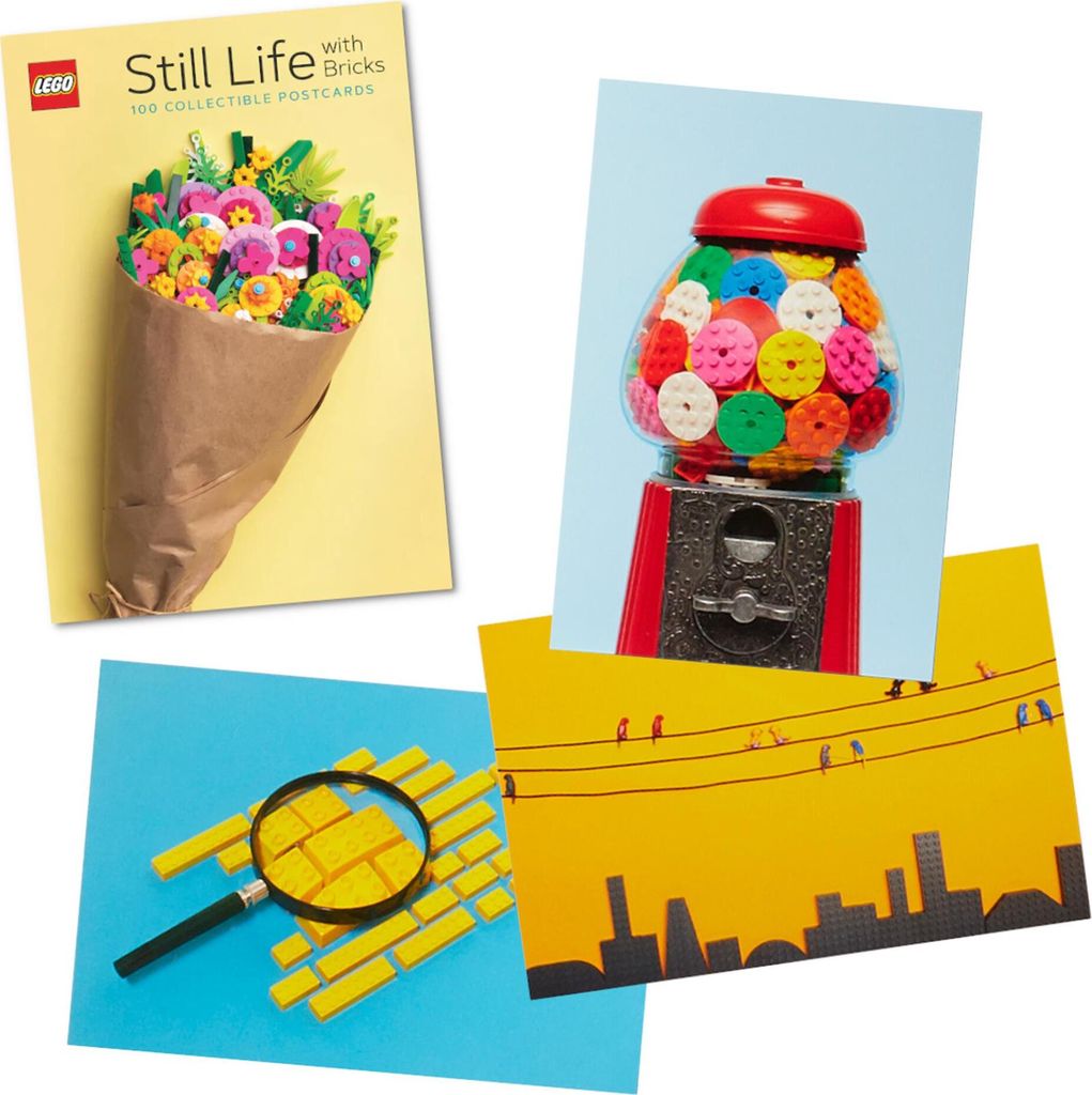 A collage of four different LEGO postcard images, featuring a bouquet of flowers, a gumball machine, a magnifying glass over LEGO bricks, and a city skyline with birds on power lines.