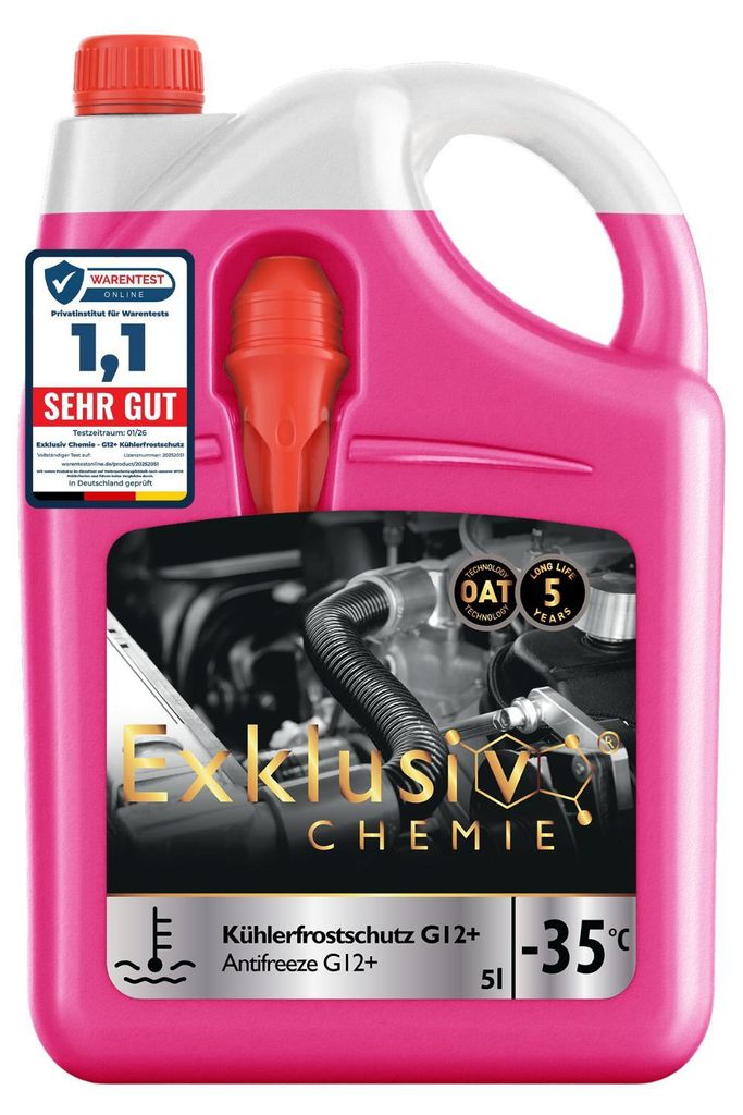 Exklusiv Chemie Kühlerfrostschutz G12+, bis -35° - 5 Liter - 5 Jahre | Kühlflüssigkeit Auto | G12 Kühlmittel Pink | Gebrauchsfertig