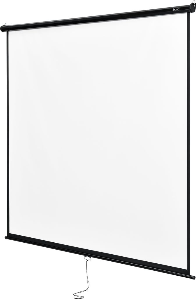 A white projector screen is shown against a white background.