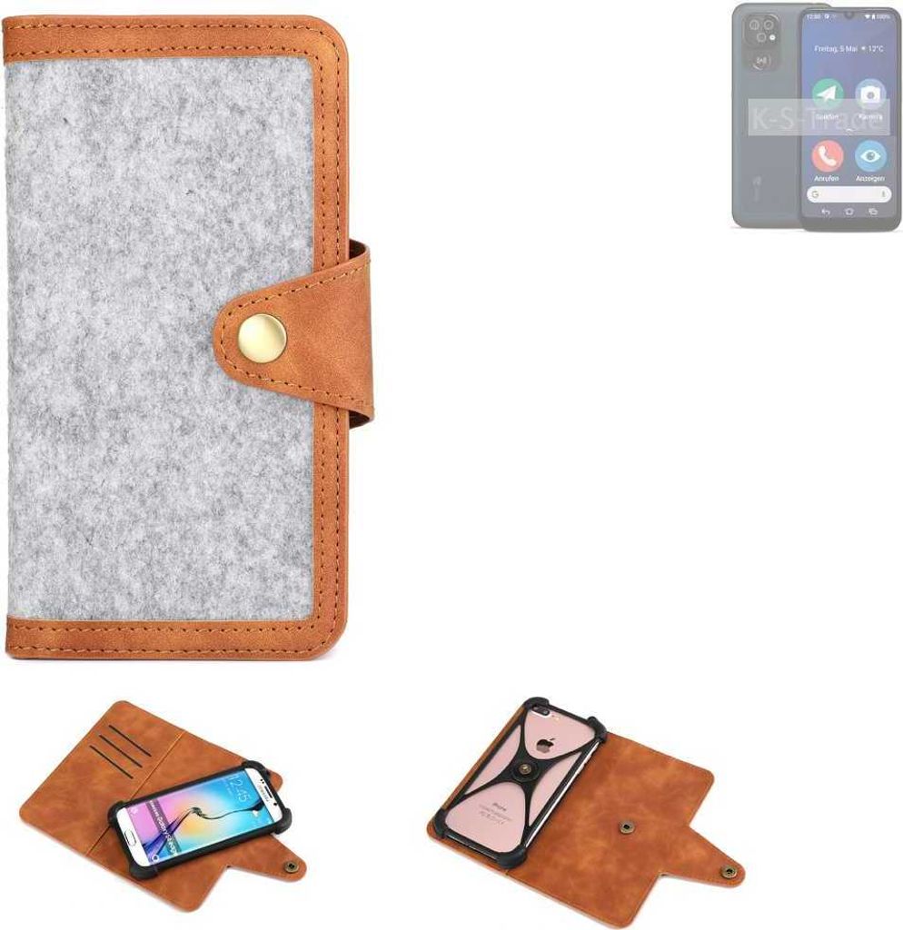 K-S-Trade Handyhülle kompatibel mit Doro 8200 Schutzhülle Filz-Hülle Kunst-Leder hellgrau braun (1x)