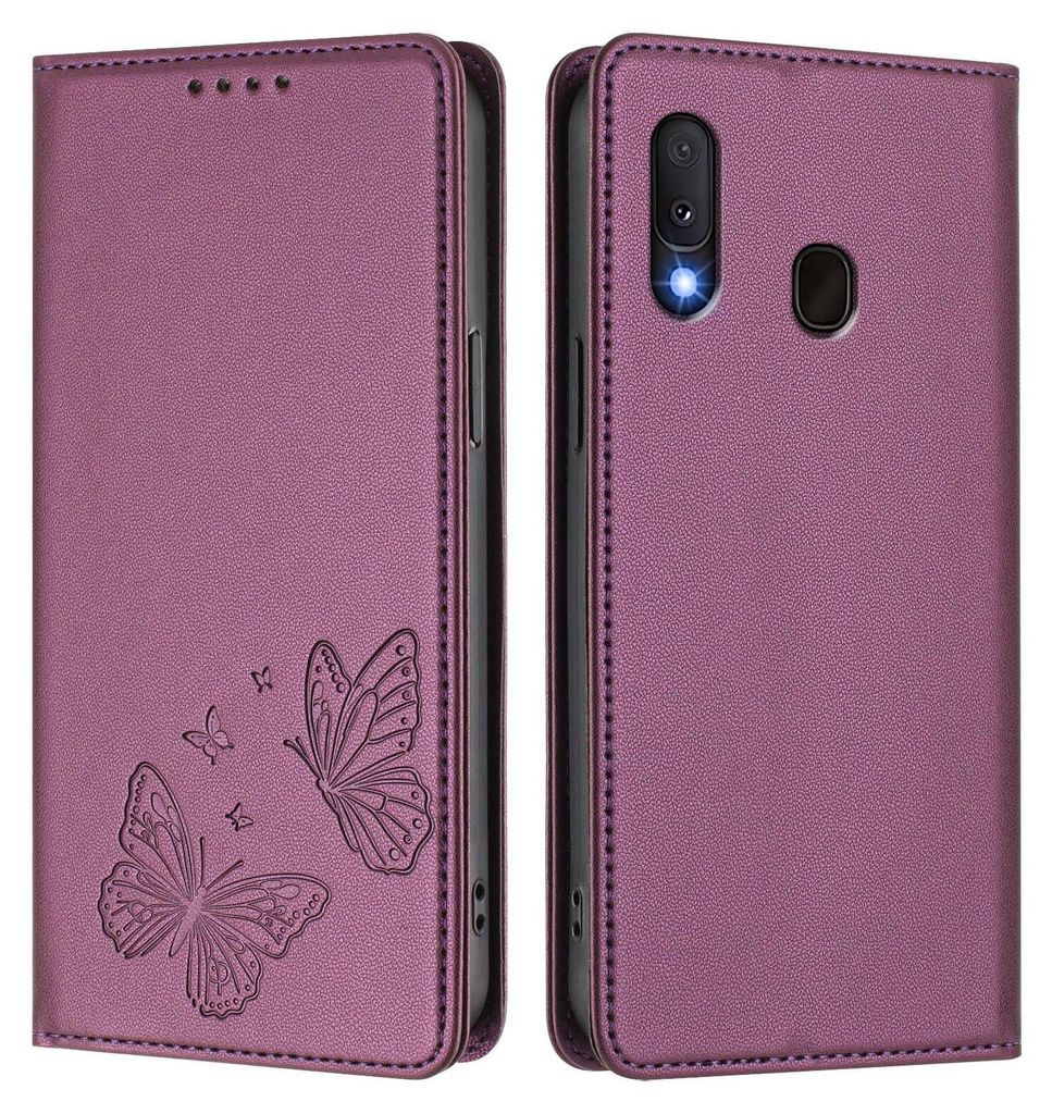 Lederhülle für Samsung Galaxy A20E / A10E, Schmetterling Prägung Leder Brieftasche Schutzhülle mit Ständer Lila