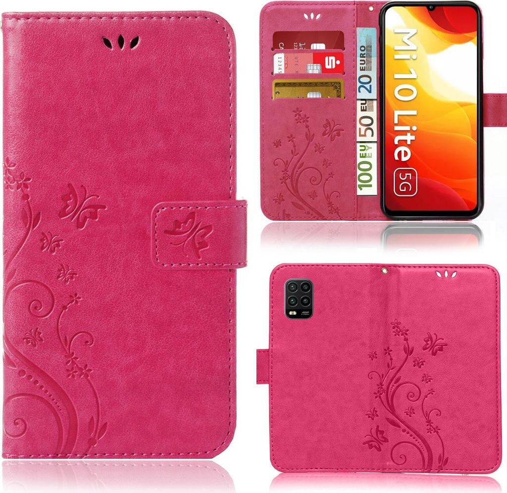 Handy Tasche für Xiaomi Mi 10 lite Schutz Hülle Handyhülle mit Blumenmuster Klapp Hülle mit Standfunktion und Kartenfächer Pink