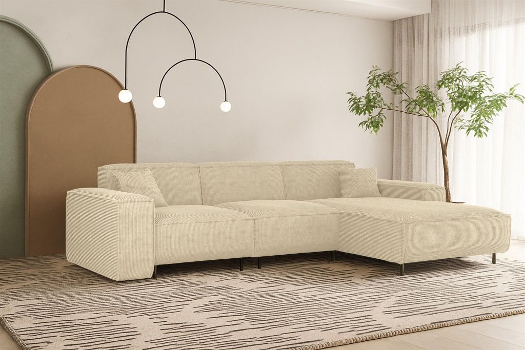 Ecksofa Designersofa GLORIA in Stoff Scala Creme Ottomane Rechts