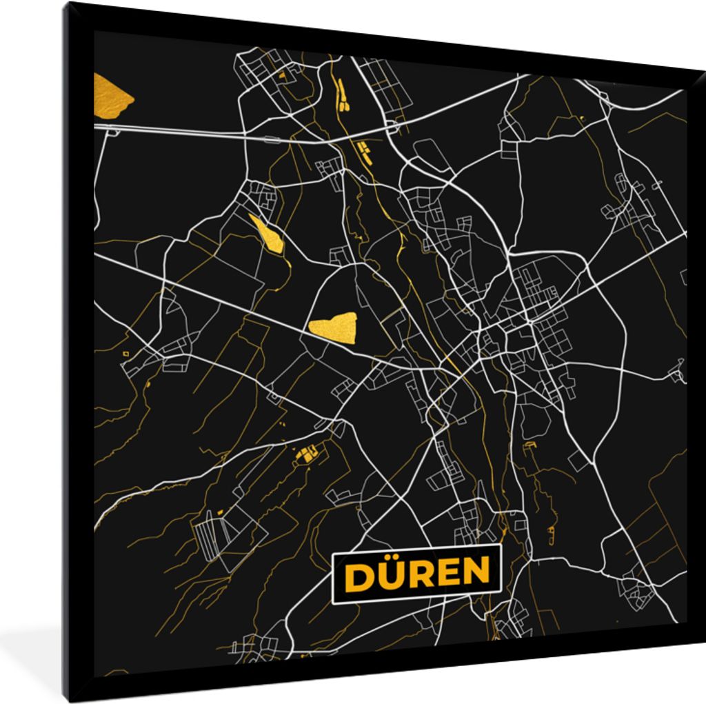 MuchoWow Gerahmtes Poster Düren - Karte - Gold - Stadtplan - Deutschland - Karte 40x40 cm - Poster mit Schwarzem Bilderrahmen Wandposter Rahmen ...