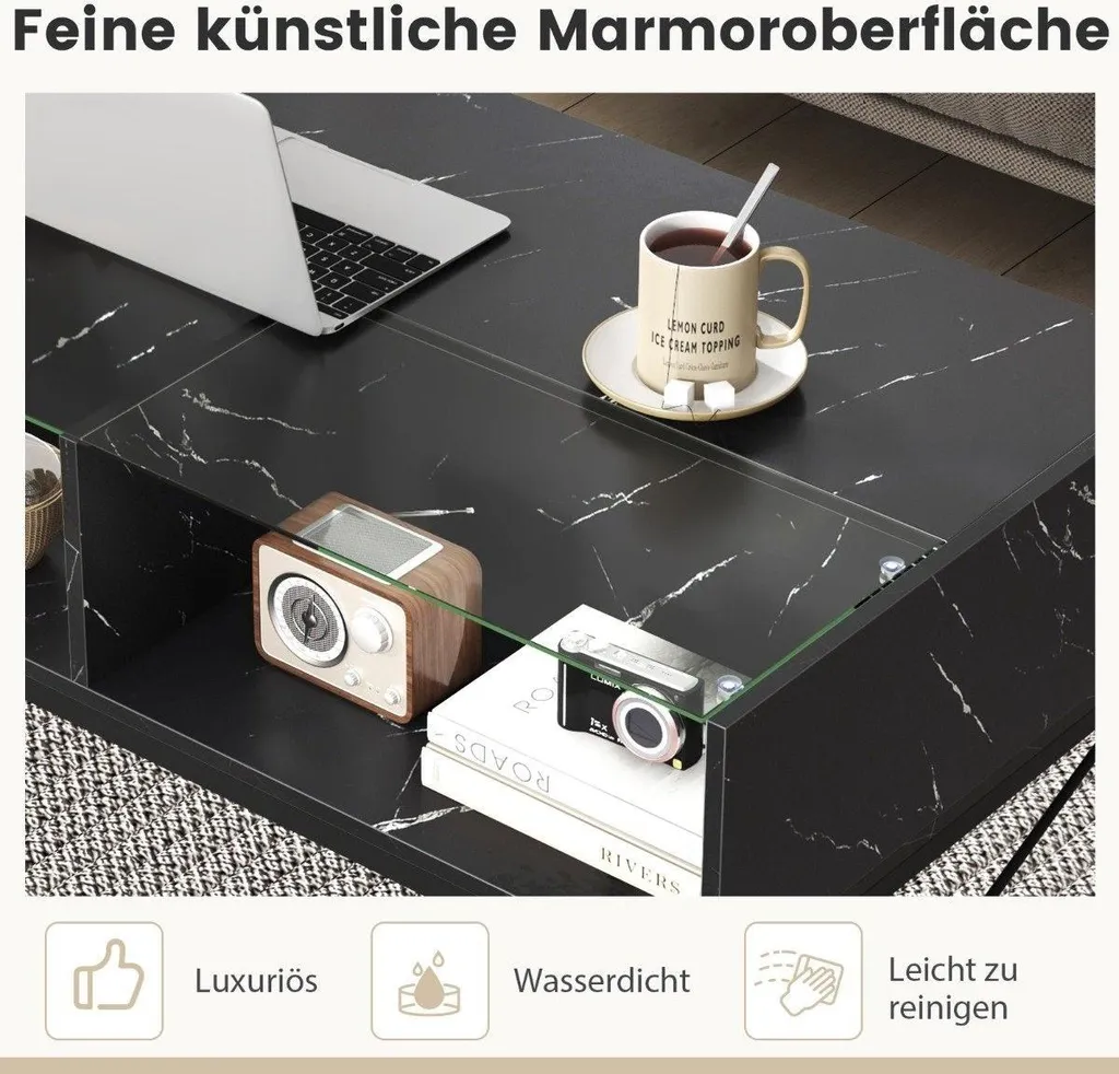 Table basse LED noire pour soirée cinéma - Aspect marbre et éclat réglable