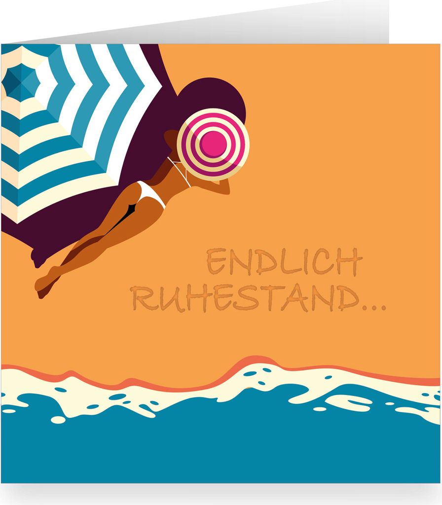 Freche quadratische Glückwunschkarte zu Rente mit Strand und sonnigen Aussichten: Endlich Ruhestand