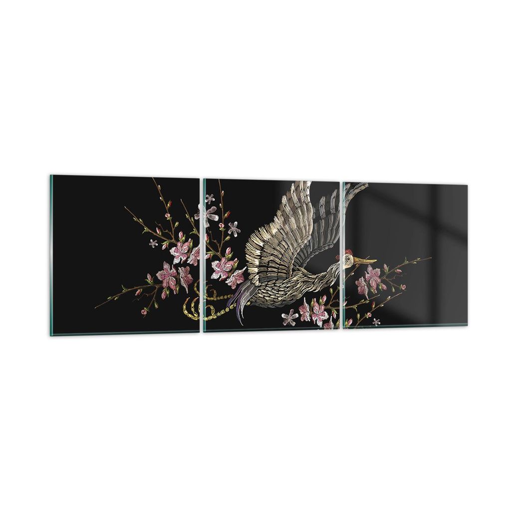 Bilder auf glas - 3 Teile - Asiatisch Vogel Blumen - 120x40cm - Glasbilder - Wandbilder - Bilder - zum Aufhängen bereit - Wanddekoration aus Glas ...