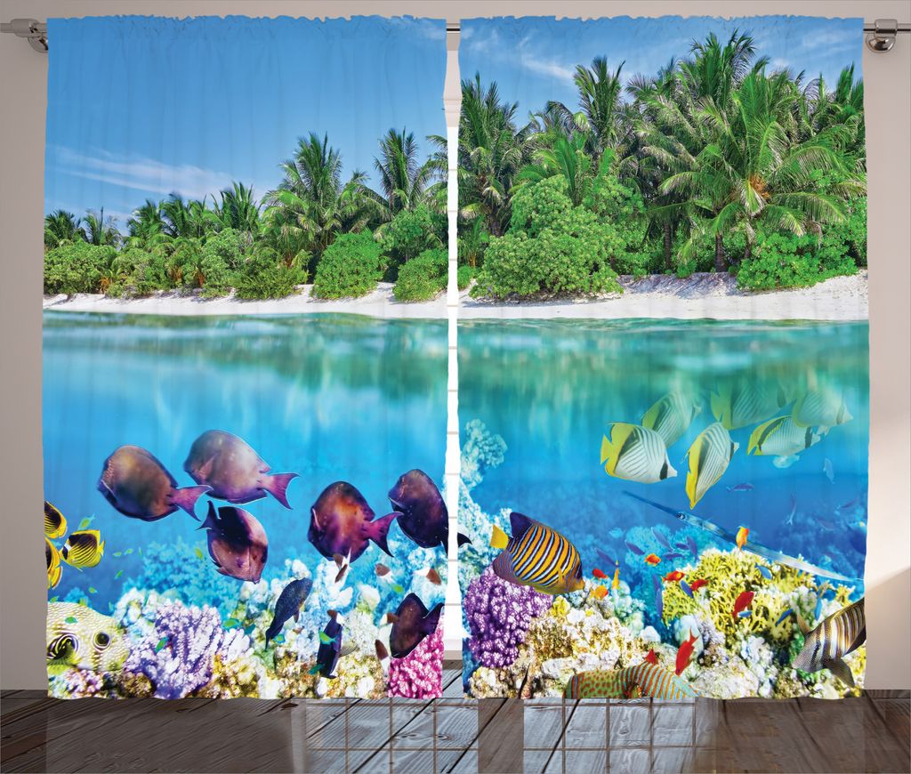 ABAKUHAUS Insel Rustikaler Vorhang, Wasserwelt Malediven, Wohnzimmer Universalband Gardinen mit Schlaufen und Haken, 280 x 245 cm, Mehrfarbig