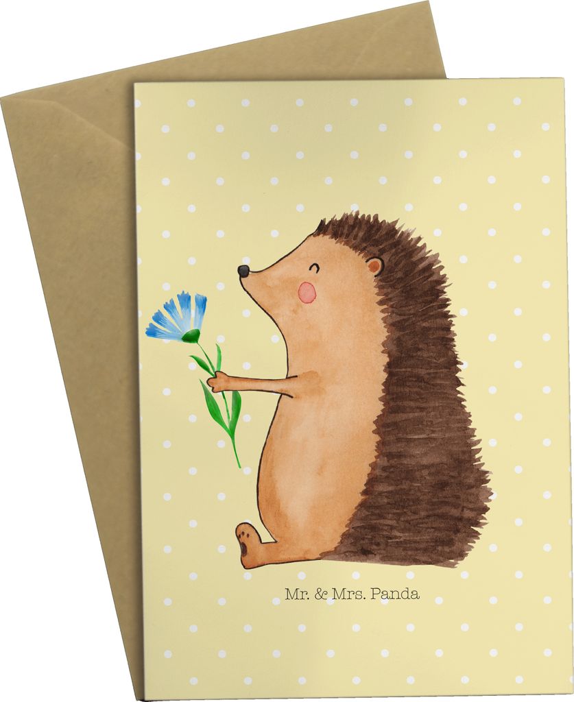 Mr. & Mrs. Panda Glückwunschkarte Igel Blumen - Gelb Pastell - Geschenk, kommunionskarte, Gute Besserung, einladungskarten, Besuch, Grußkarten, b...