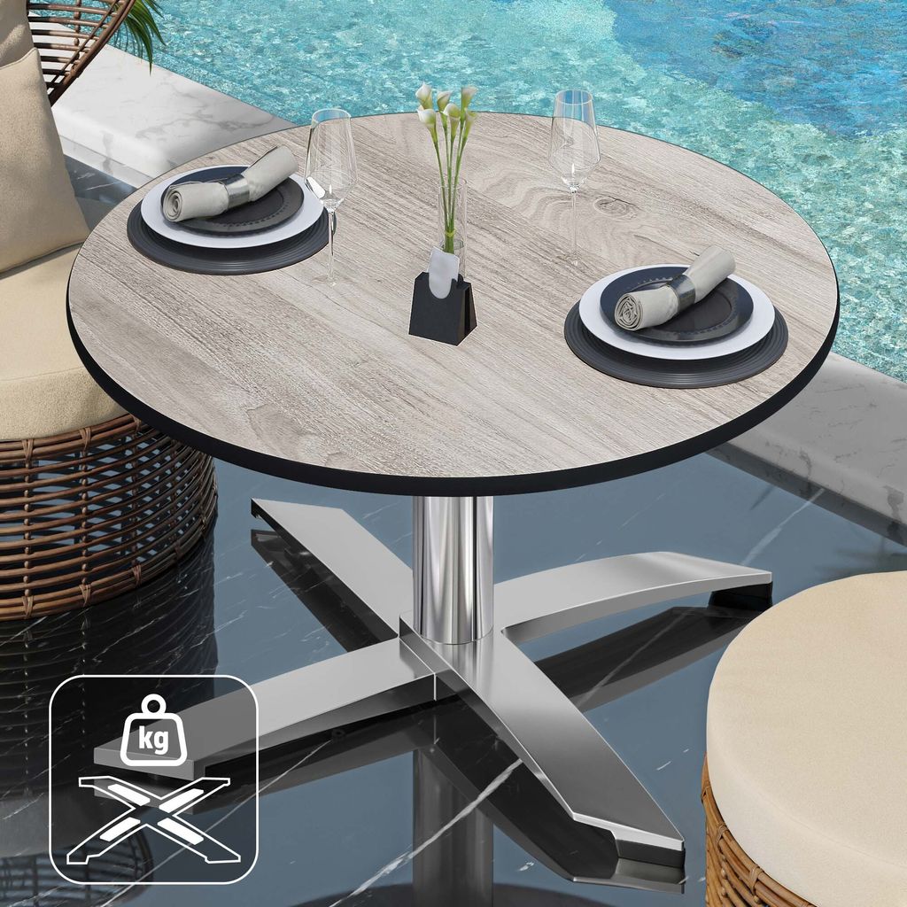 CPTG | Bistro Loungetisch | Ø:H 70 x 39 cm | Eiche-Weiß / Aluminium | Zusatzgewicht | Bistro Loungetisch Gastro Tisch