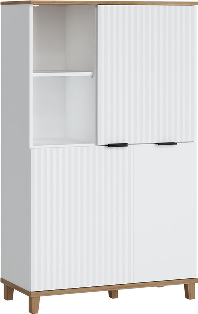 Highboard mit 3 Türen PLYMOUTH-129 in weiß mit Eiche Nb., B/H/T ca. 84,8/141,4/40 cm