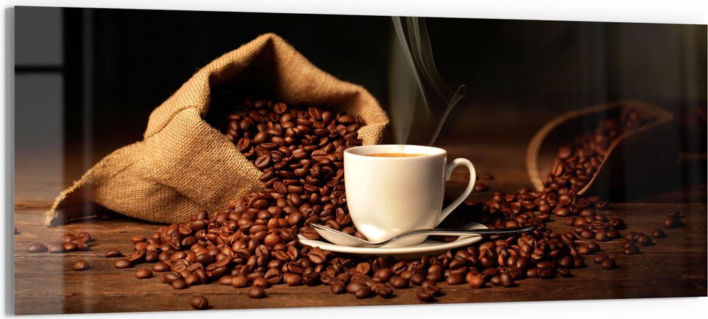 DEQORI Glasbild Acryl 125x50 cm 'Kaffeetasse mit Bohnen' Wandbild Bild modern Deko