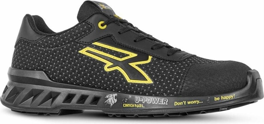 A black and yellow safety shoe shown from the side.