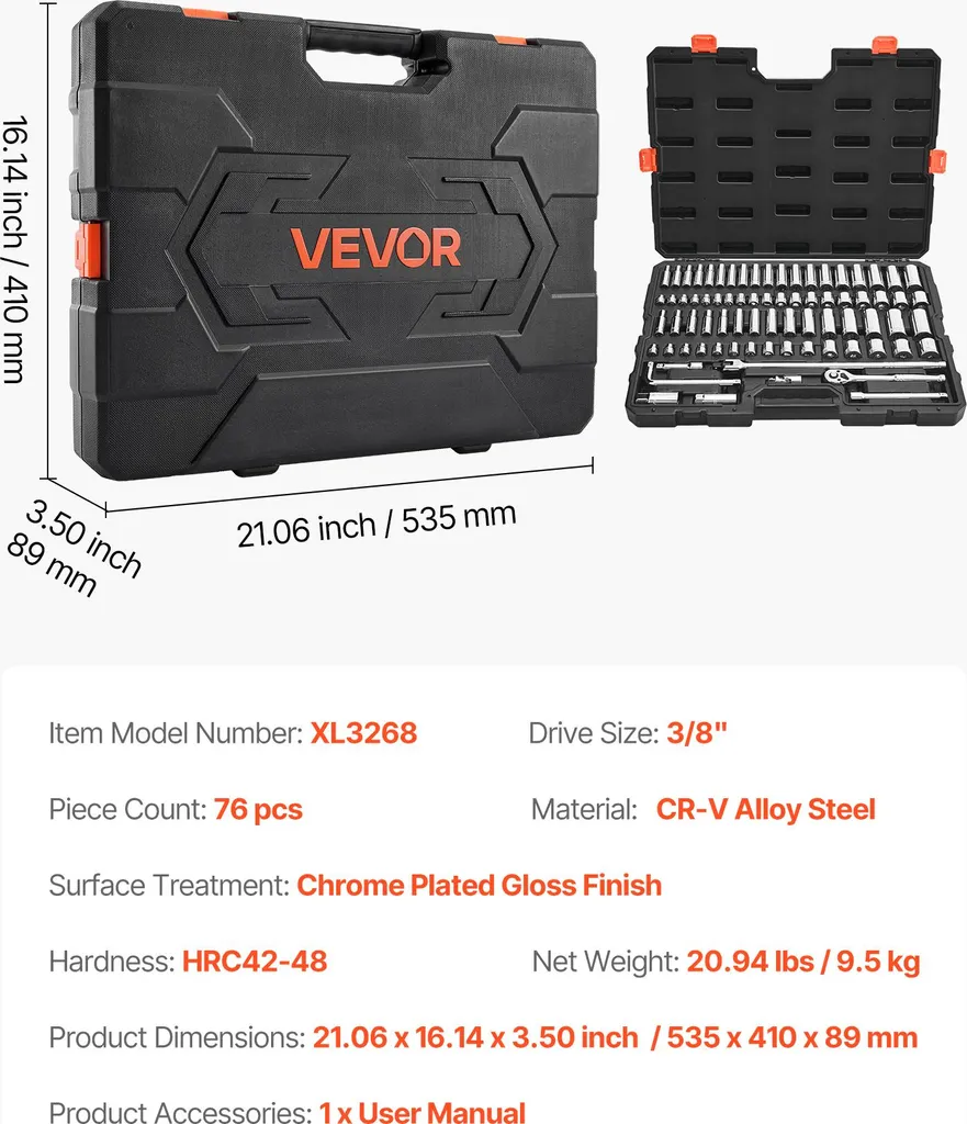 Jeu de douilles 9,5 mm en acier CR-V 76 pièces VEVOR avec boîtier rigide