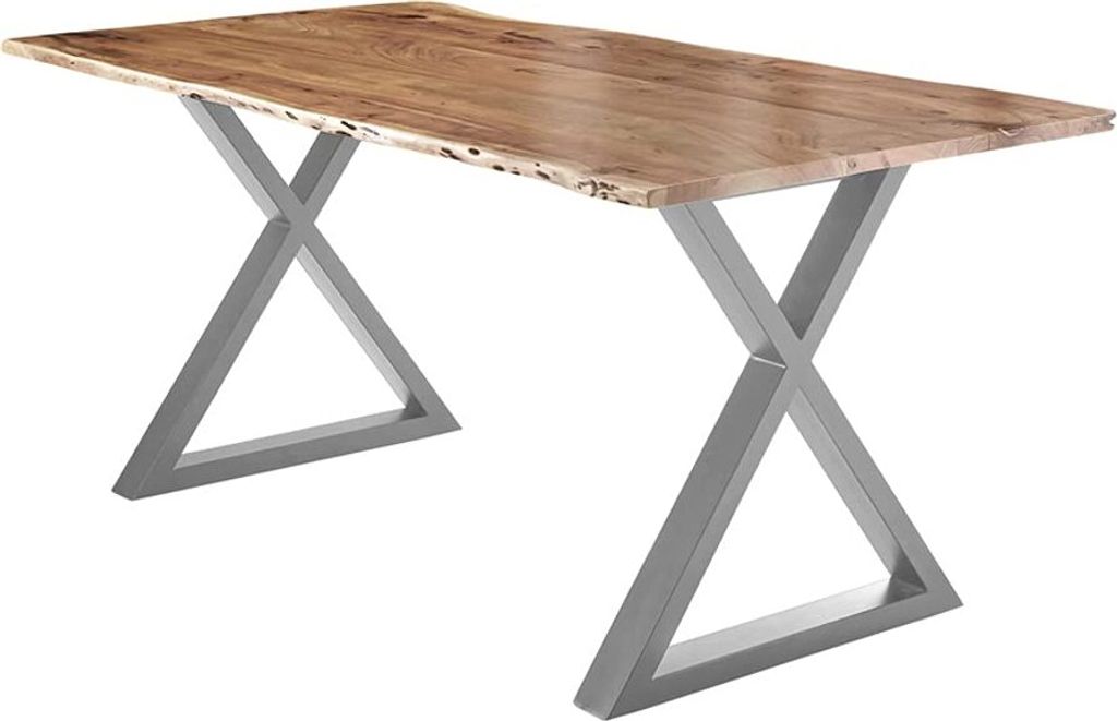 Esstisch 180x90 cm Lubin, Akazienholz naturfarben, Massiver Esszimmertisch mit echter Baumkante, Baumkantentisch mit geschlossenem X-Gestell Silber...