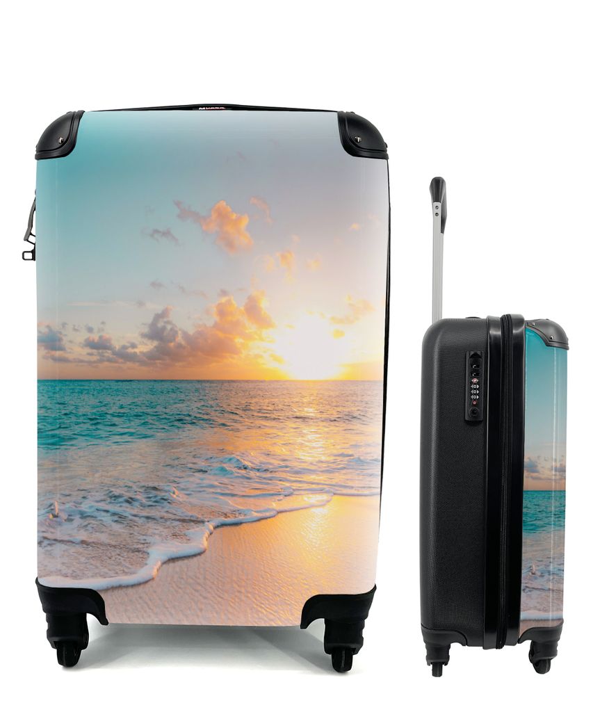 MuchoWow Koffer Handgepäck Trolley Rollkoffer Kleine Reisekoffer mit 4 Rollen - Sonnenuntergang - Strand - Meer - Sommer - Blau - Cabin Size < 5...