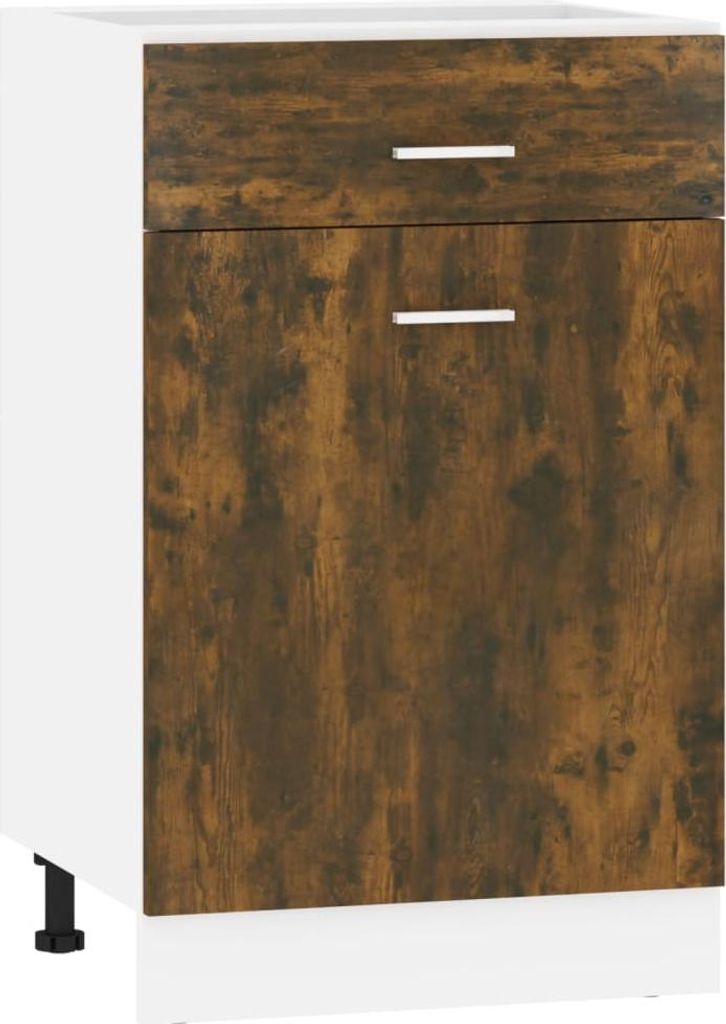 A white and wood-grain kitchen cabinet with a drawer and a door.