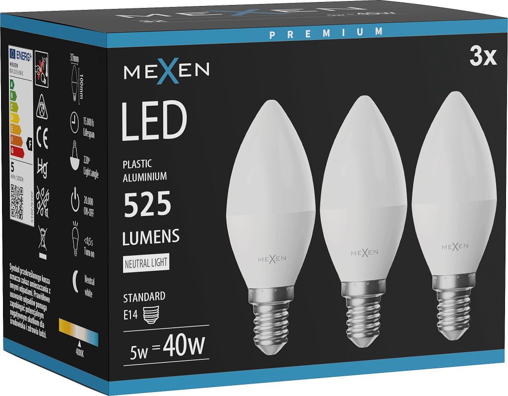 Mexen Nova 3x LED-Glühbirne E14, C37, 5W, Neutral - 4000K, 525 lm - L102-E14-0540-01x03
