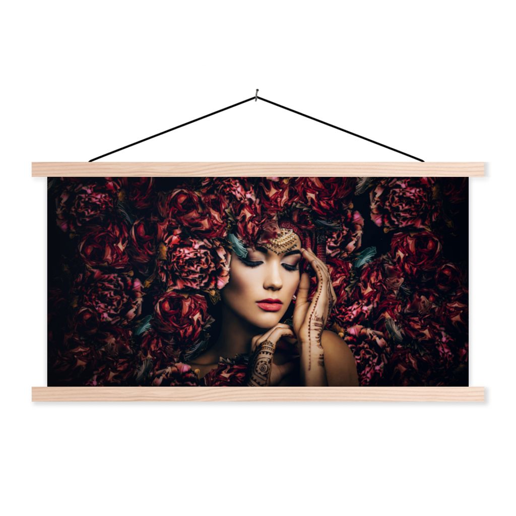 MuchoWow Textilposter Frau - Blumen - Henna - Porträt 60x30 cm mit holzfarbenen Rahmen - Dekoration