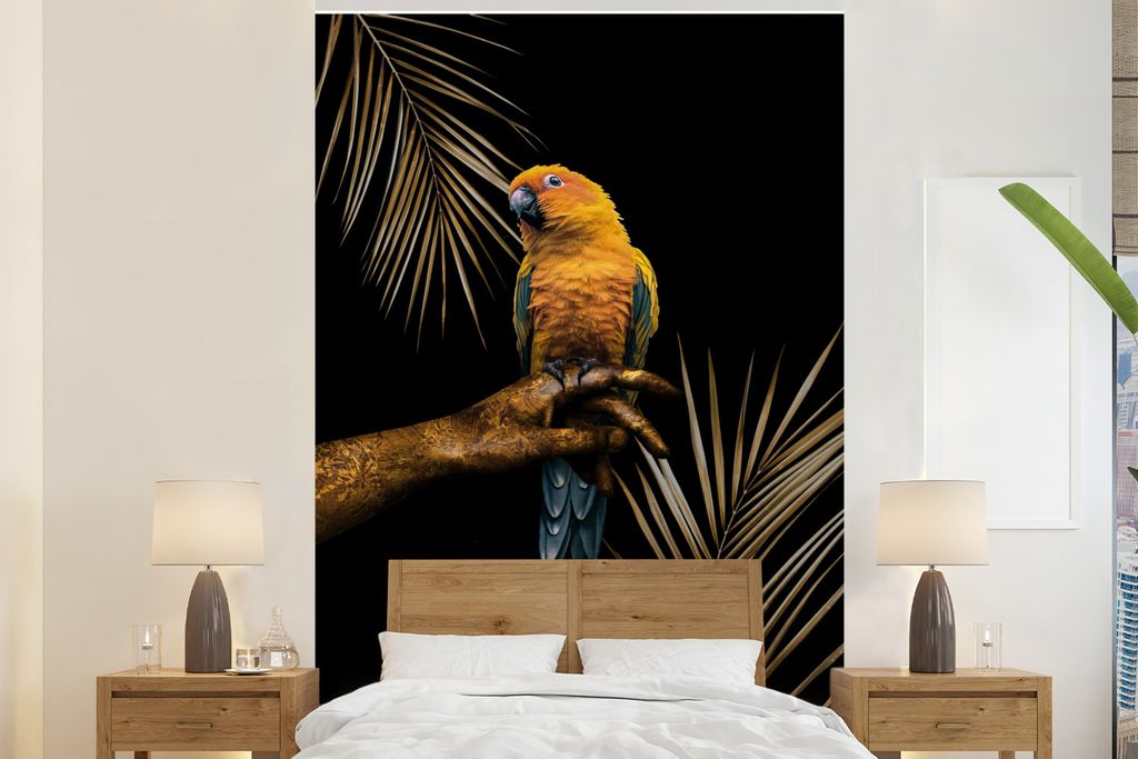 MuchoWow Fototapete für Wohnzimmer oder Schlafzimmer Wandtapete Vinyl Motivtapete Gelb - Farn - Papagei - 195x300 cm - Das Hintergrundbild