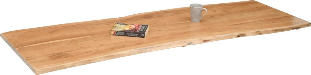 Holzplatte 140x40 cm Tonia, Tischplatte aus Akazienholz massiv + eichefarben, Baumkanten-Platte für Heimwerker, geeignet für Arbeitsplatten, Tisc...