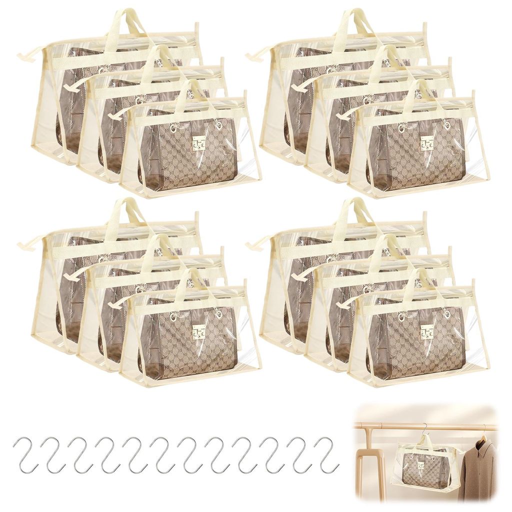 Aufbewahrungstasche für 12 Handtaschen mit Reißverschluss und 12 Haken, transparente PVC-Aufbewahrungstasche, weiße Kunststoff-Aufbewahrungstasc...