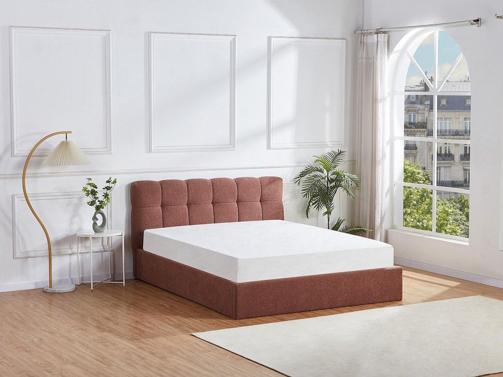 Bett mit Box 140 x 190 cm - Bukla Stoff - Terracotta + Matratze - MAZIRI