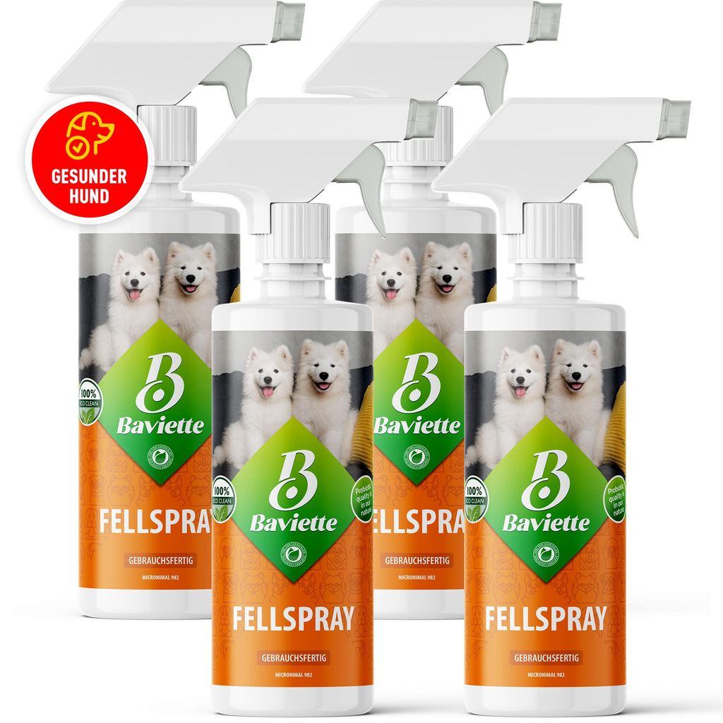 Baviette Hundepflege 4x500ml – Fellspray für Hunde mit Omega-3-6-9 aus Leinöl, probiotisch & biologisch, entwirrt, erleichtert Bürsten, verlei...