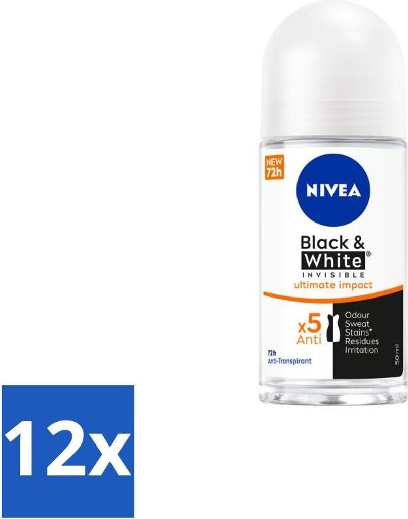 NIVEA - Deodorant Roller - Black & White Ultimate Impact - 72 Stunden Antitranspirant - 50 ml - Vorteilspack - 12 Stücke