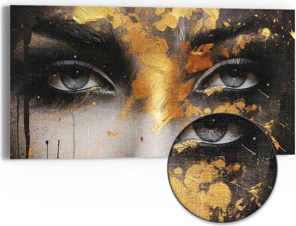 DEQORI Hybrid Leinwand Bild 60x30 cm 'Goldener Blick' Wandbild Glas flach modern