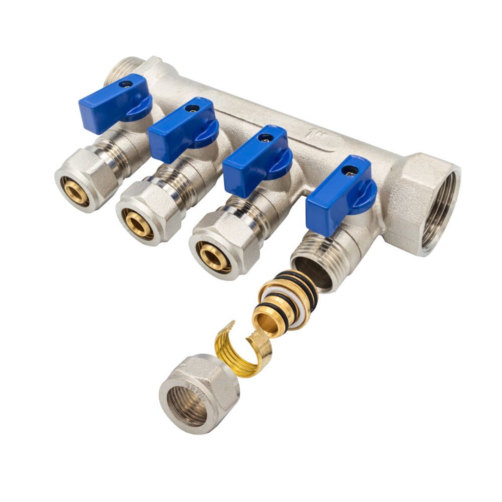 Belrad Heizkreisverteiler für Heizungen & Fußbodenheizung BLR409 – 4 Abgänge mit Kugelhahn Blau 1" AG/IG, 16 mm Eurokonus, vernickelt, 35 mm A...