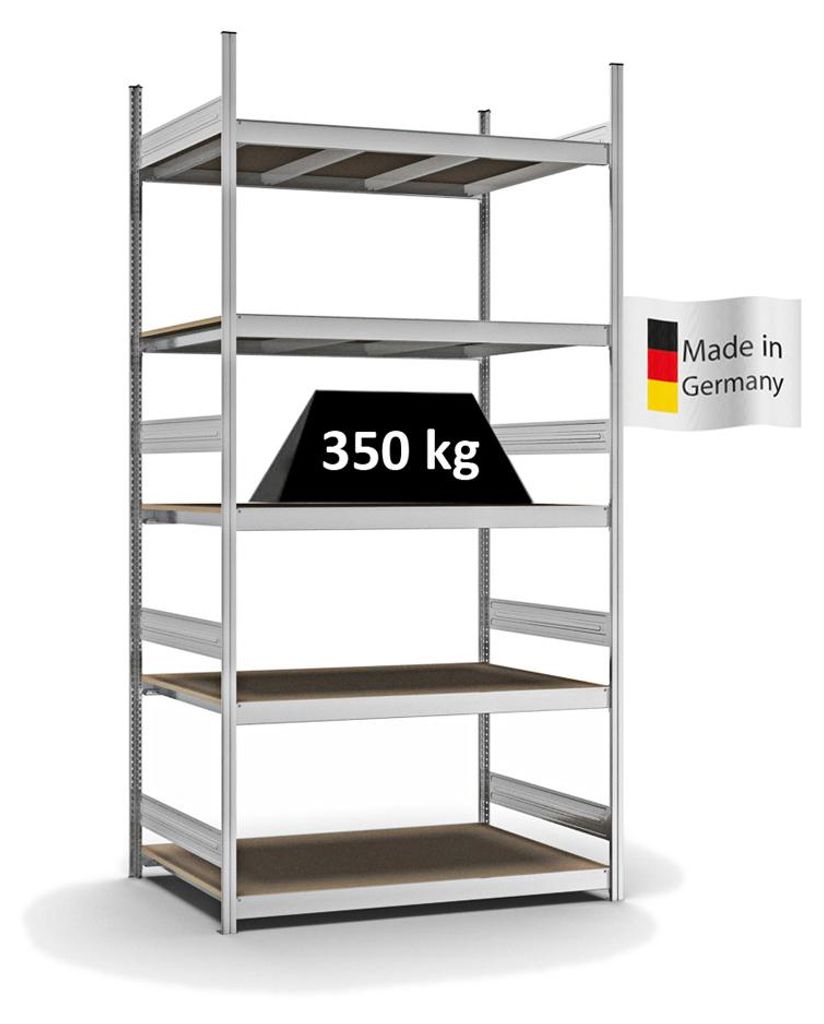 PROREGAL Weitspannregal Stecksystem MAGNUS Germany | HxBxT 300x150x80cm | 5 Ebenen | Spanplatten-Fachboden | Fachlast 350kg | Verzinkt