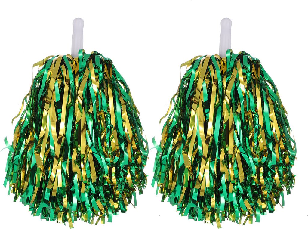 2 Stück Cheerleader-Pom-Poms aus Metallicfolie, Cheerleader-Pom-Poms, Handblumen mit Griff für Sportwettbewerbe, Feiern, Gold und Grün