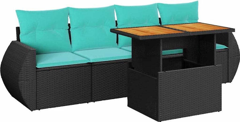 5-tlg. Garten-Sofagarnitur mit Kissen Schwarz Poly Rattan