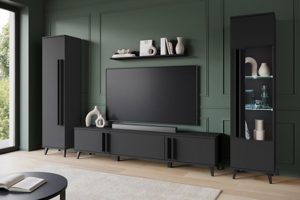 MINIO go for it, HURON II Wohnwand – Wandregal mit 2 Schränken, TV-Lowboard, 1 Hängeregal, Kunststoffbeine, ohne LED-Beleuchtun, Schwarz Farbe