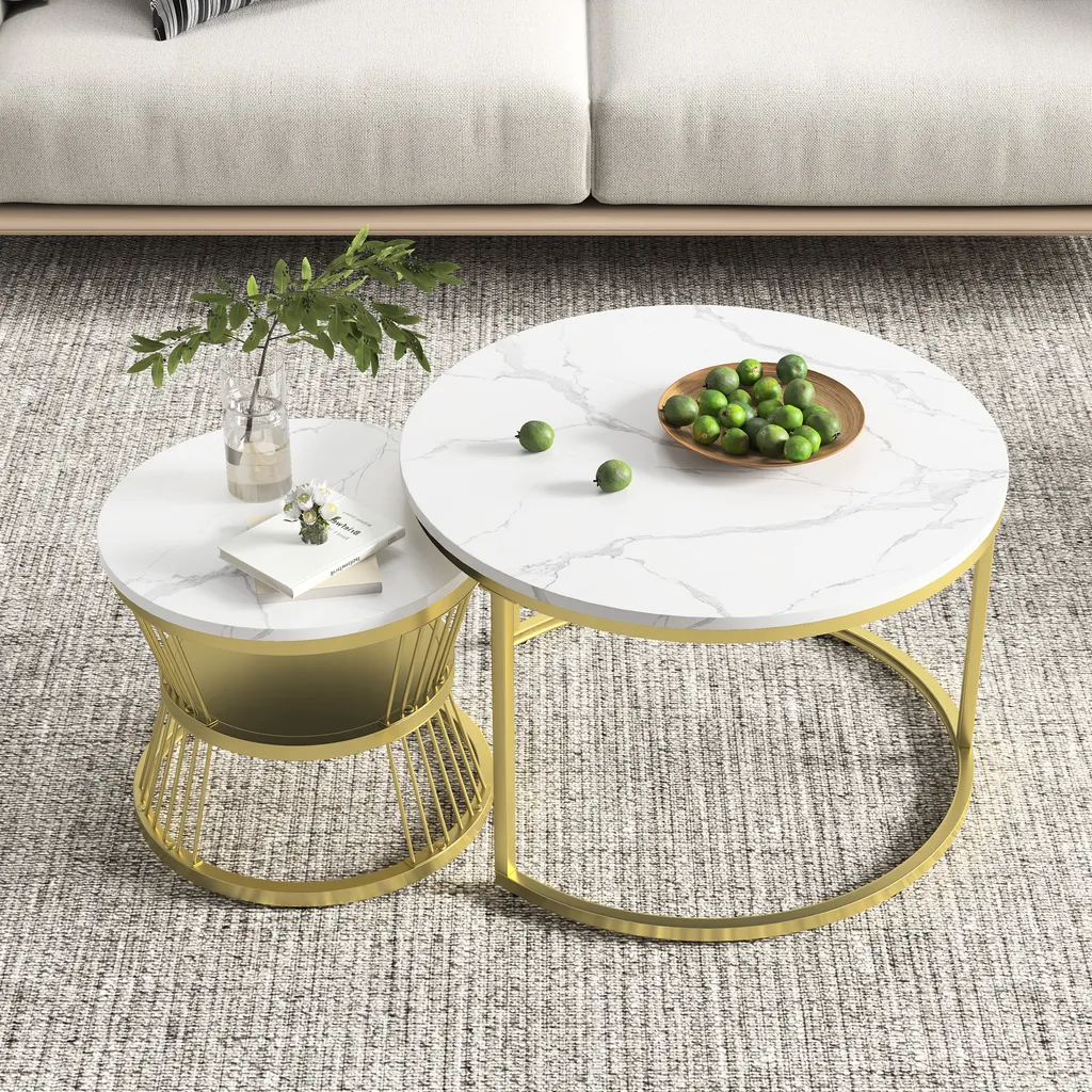 Set di 2 tavolini, tavolino da salotto effetto marmo, tavolino rotondo con struttura in metallo, Ø 45/70 cm