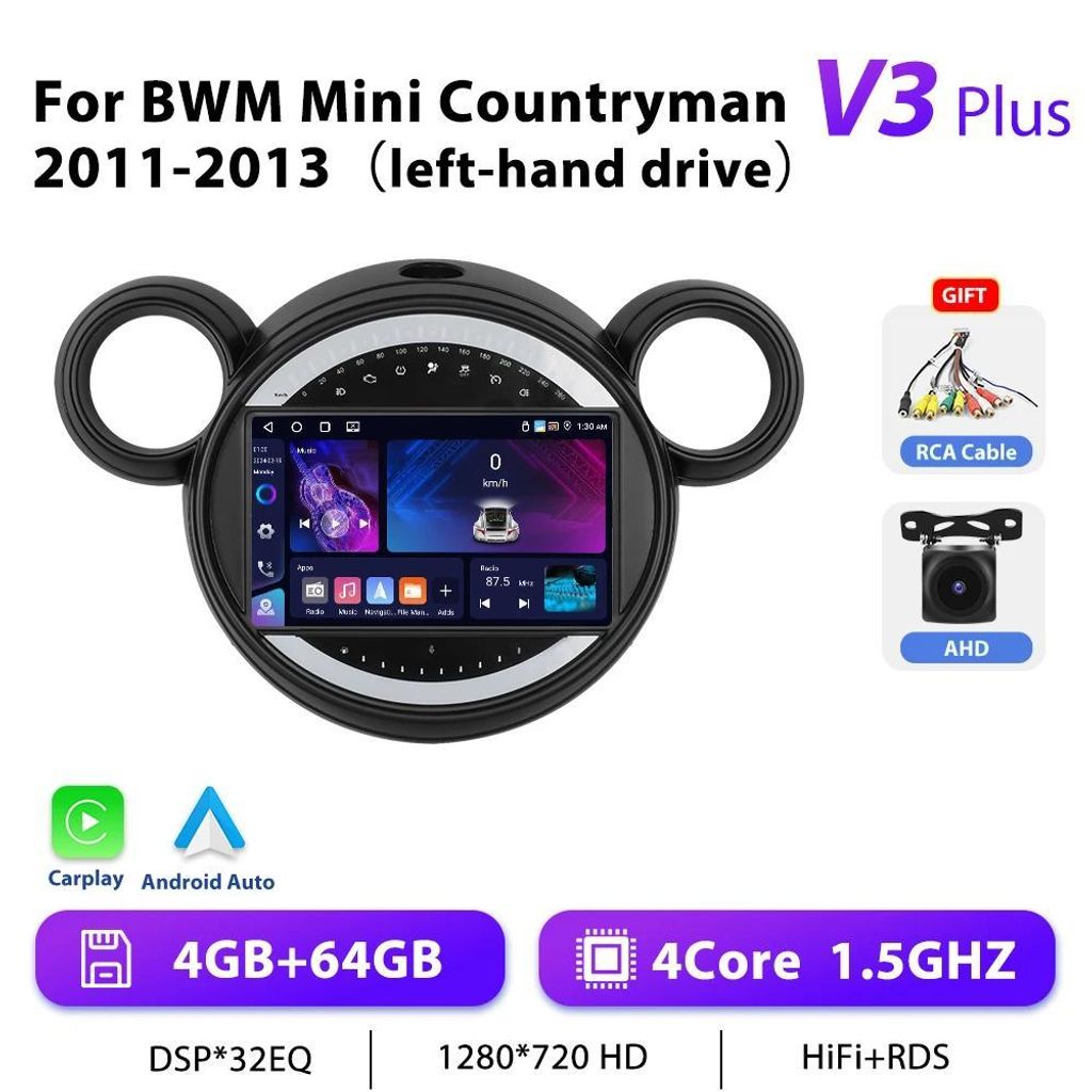 BMW Mini Cooper Countryman 2011-2013 - Android 2-DIN Autoradio - 23 cm Touchscreen - 4G LTE CarPlay GPS - 4GB RAM 64GB ROM - 1,5 GHz