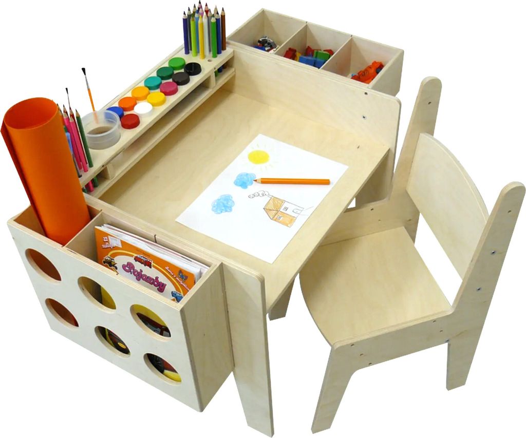Verstellbarer Tisch mit Stuhl und Organizer – Holz Set für Kinder - Zeichenset für Kinder - Spielset für Kinder