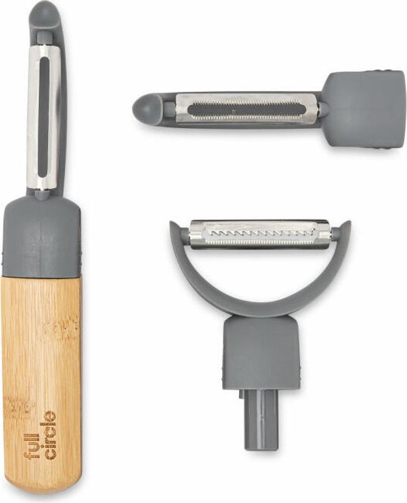 Full Circle Home 3-in-1 Schäler Peel Good, Küchenschäler mit 3 Aufsätzen, Bambus, Edelstahl, Recycling-Kunststoff, Grau, FC21703GY