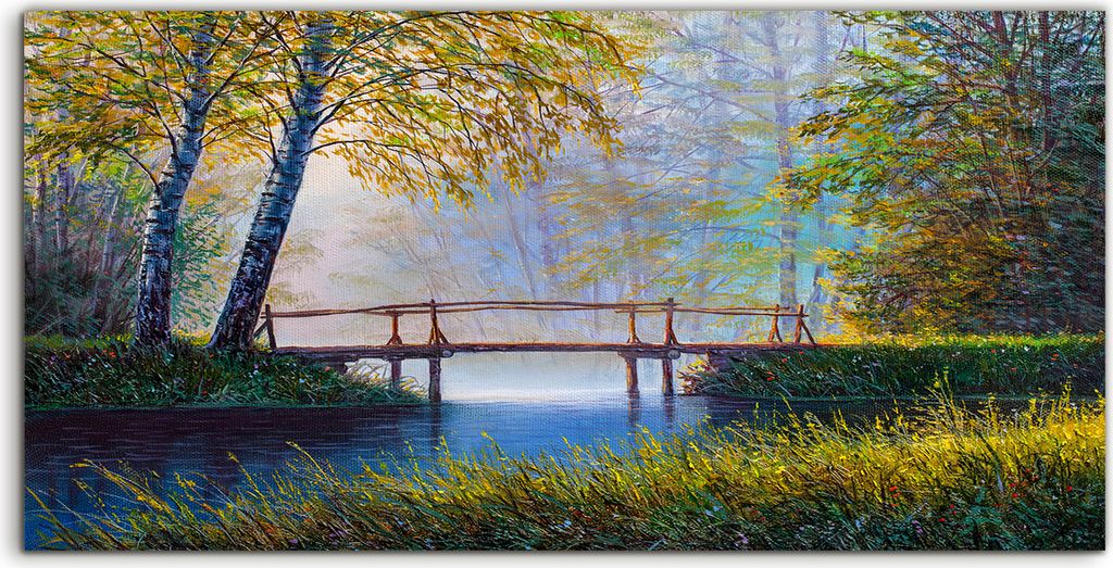 Coloray Spritzschutz aus Glas 100x50 Wandkunst Küchenrückwand Brücke über den See Malerei Landschaft