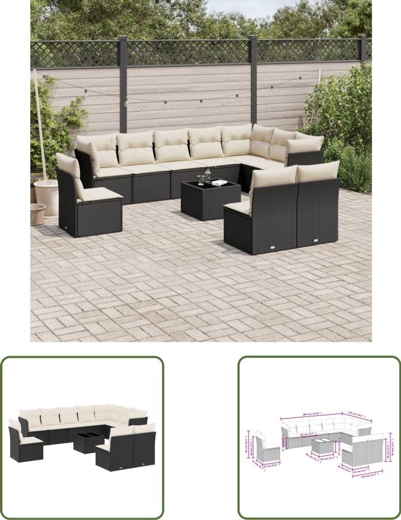The Living Store 11-tlg. Garten-Sofagarnitur mit Kissen Schwarz Poly Rattan