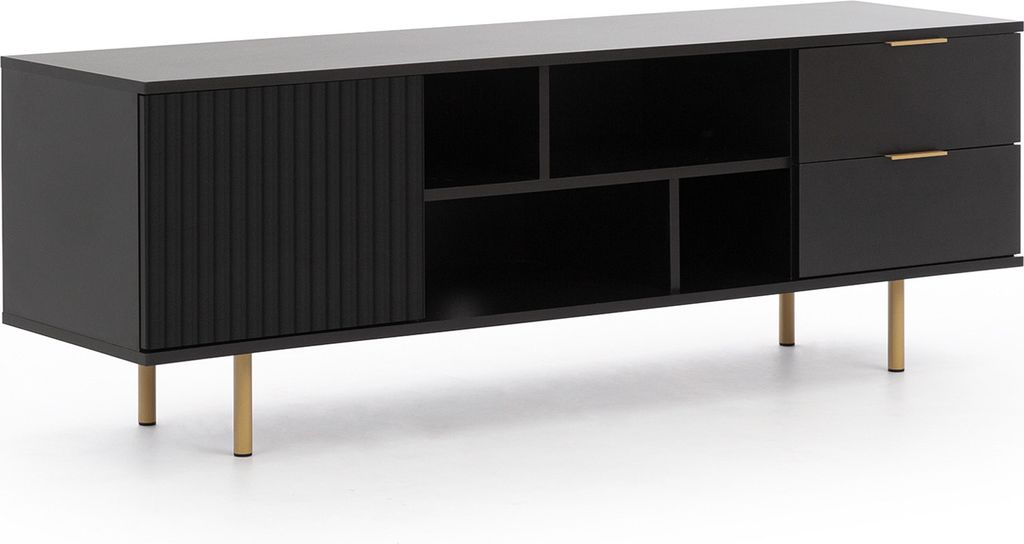 A black TV stand with gold legs is shown against a white background.