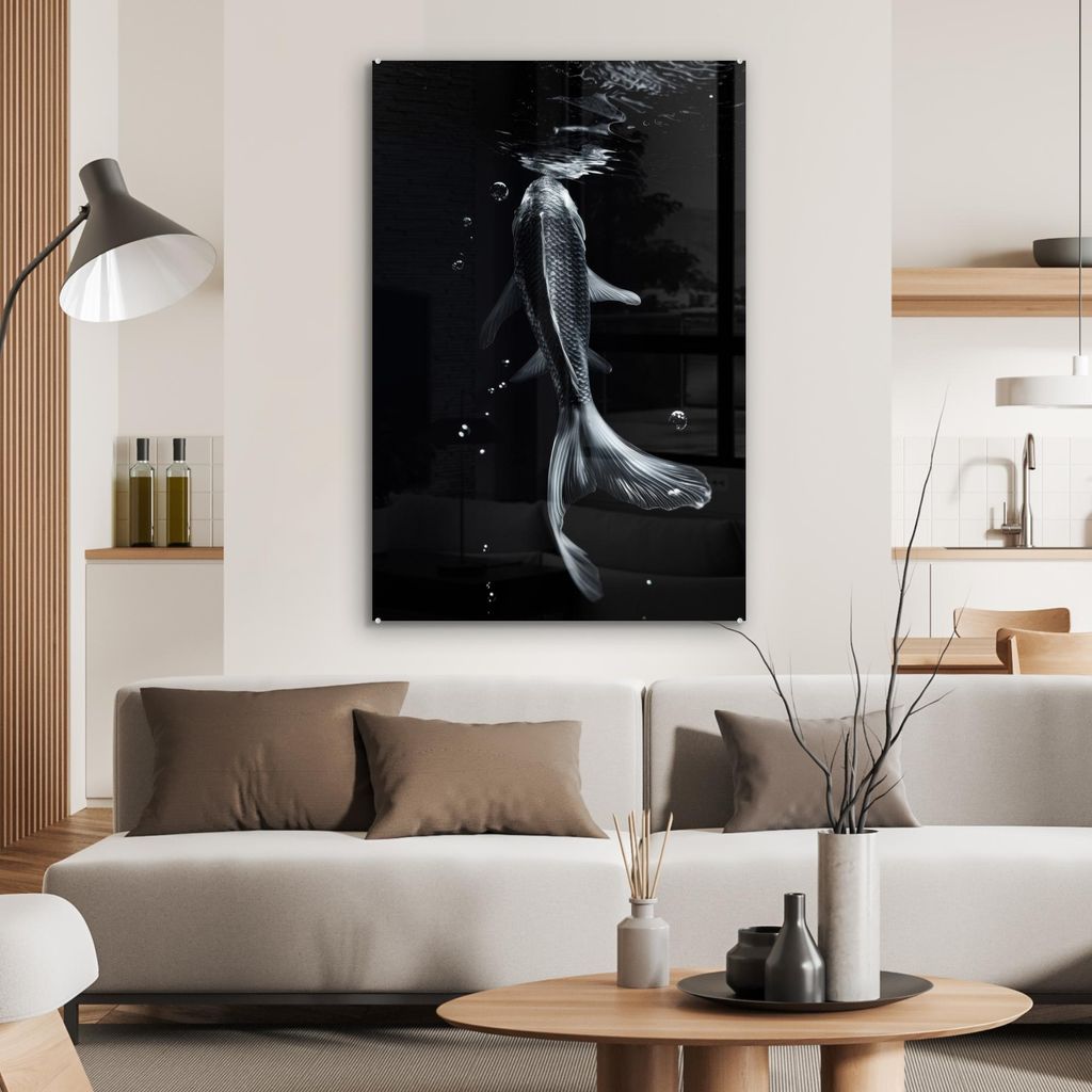 MuchoWow Glasbilder - Bilder auf Wandbild - Foto auf Glas Koi - Fisch - Wasser - Schwarz 80x120 cm Wanddekoration aus Glas - Acrylglasbild - Acrylb...