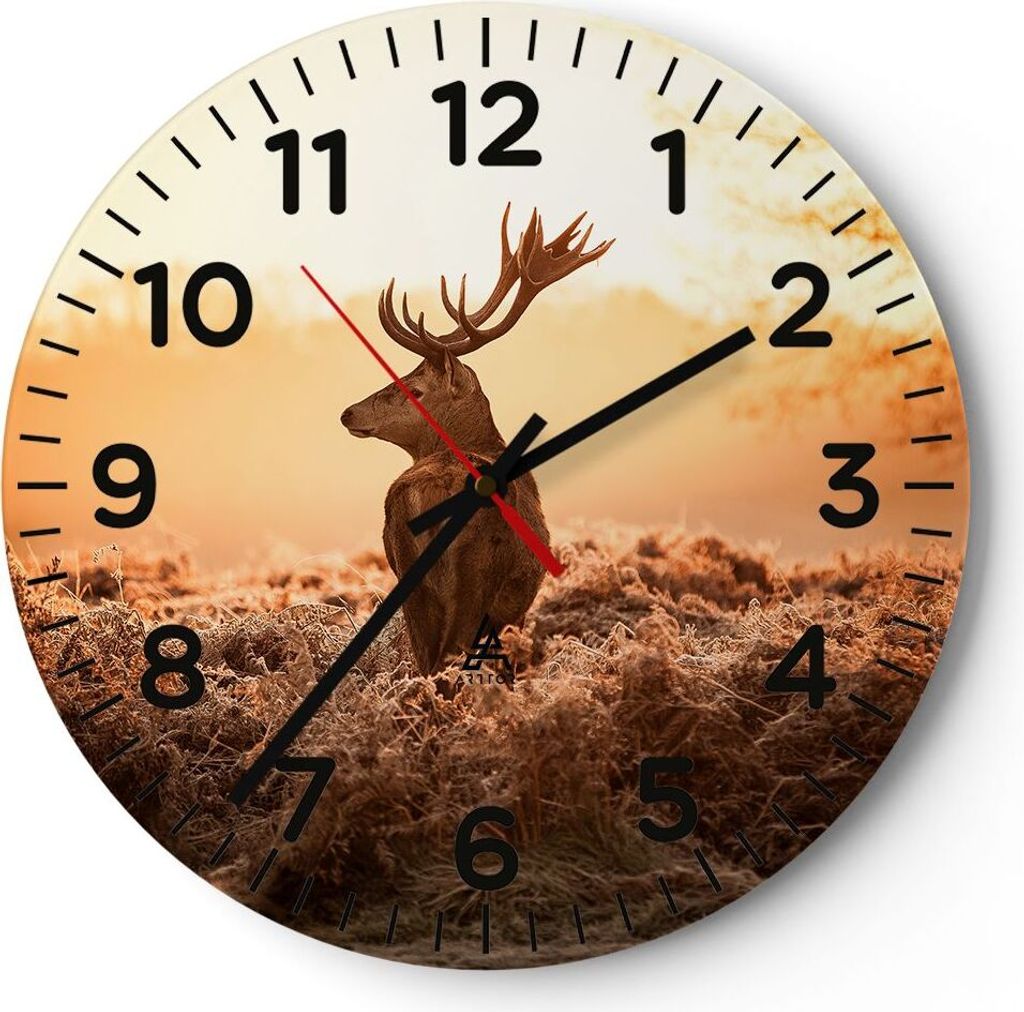 Wanduhr - Rund - Glasuhr - Hirsch Natur Feld - 30x30cm - Schleichendes Uhrwerk - Lautlos - zum Aufhängen bereit - Dekoration Modern - Wanddekorati...