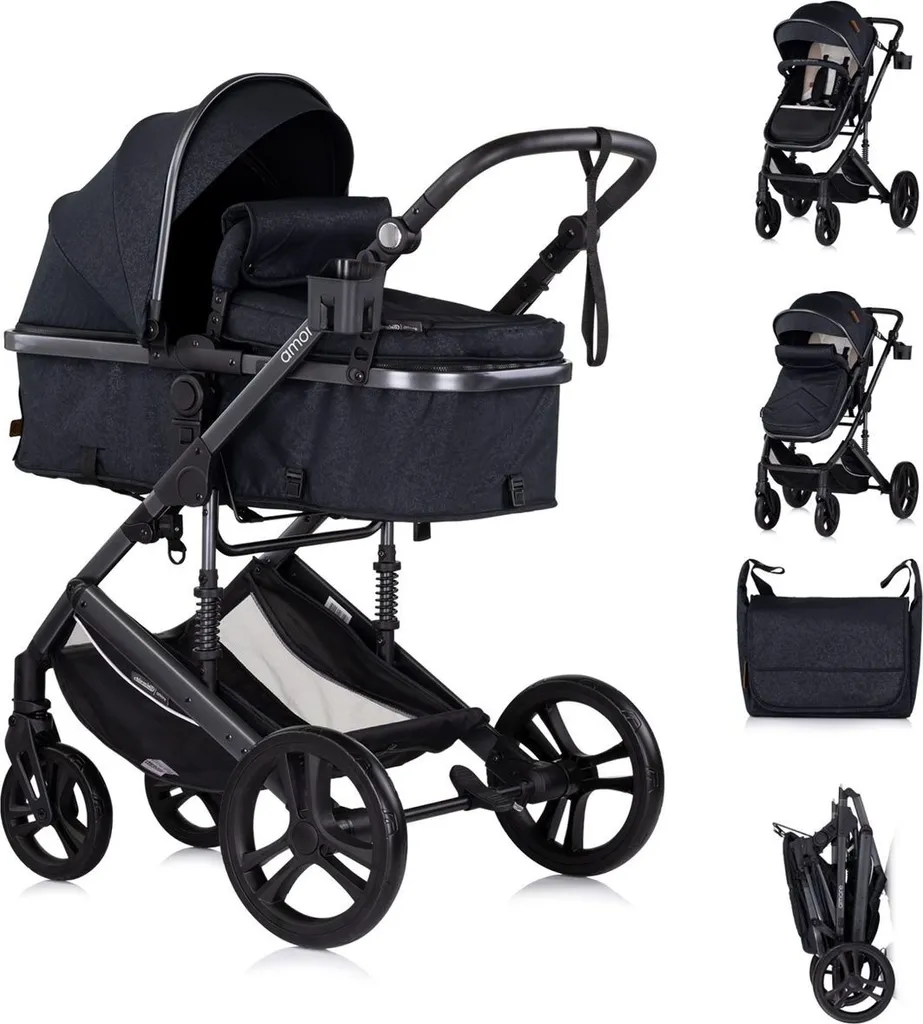 Poussette avec porte-boisson et sac à langer Amore au châssis noir