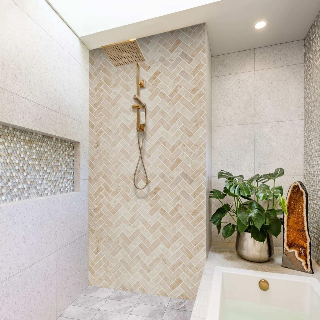 Duschrückwand mit Motiv selbstklebend - 0.35 mm Wandpaneel wasserfest Design beige Fliesenoptik Abstrakt Badrückwand fugenlos Smart matt 80x190 cm